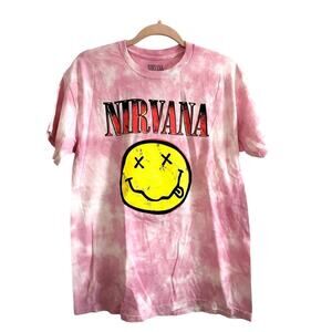 NWOT Licensed NIRVANA Smiley Face Vintage-Look Pink Tie-Dye Tee - Unisex Sz XL